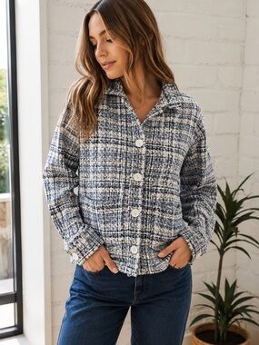Stoosh Blue White Tweed Plaid Shacket Jacket Button Front Small